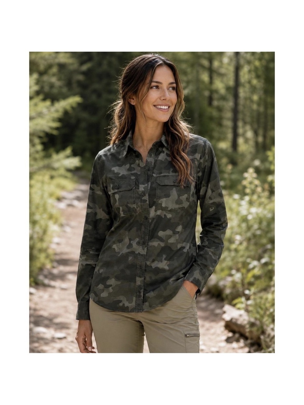 Eddie Bauer Travex Camo Long Sleeve Hiking Shirt Roll Tab Button Up Women XL
